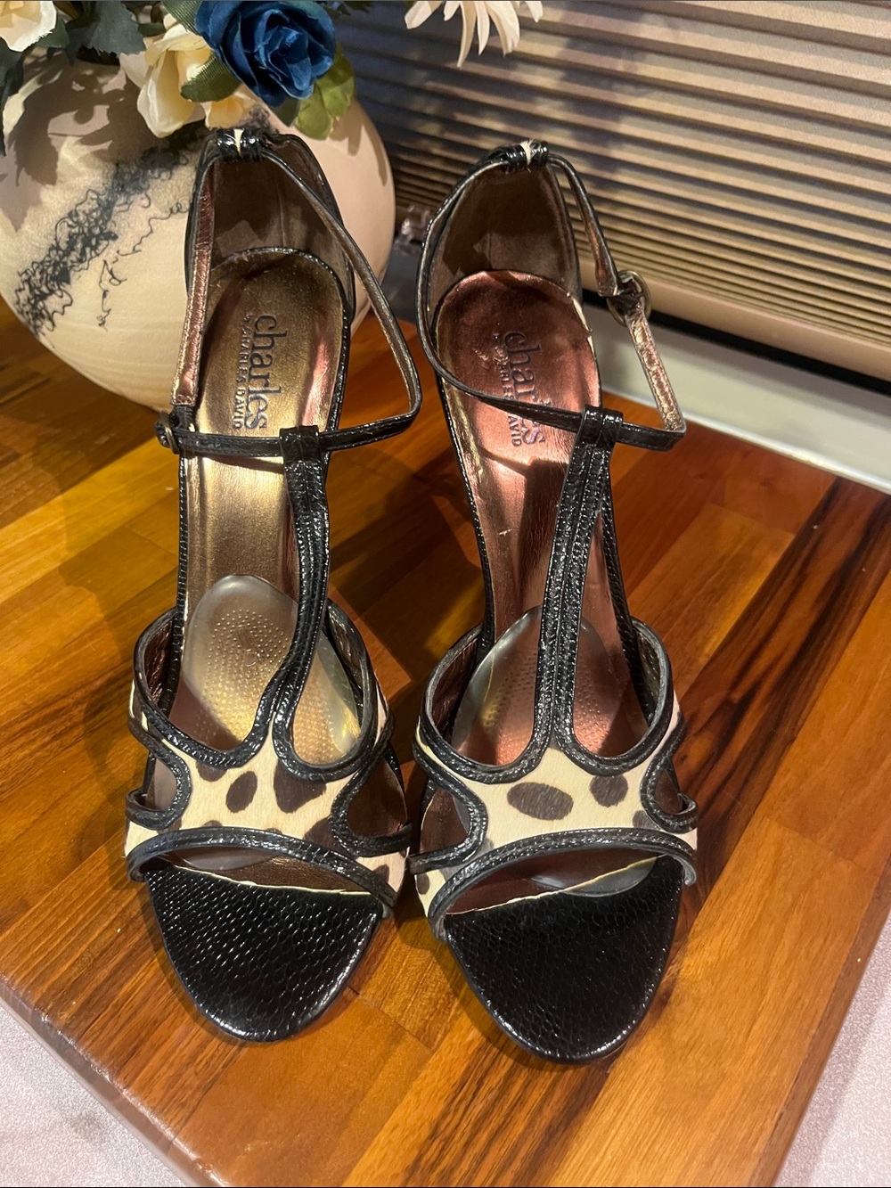 Charles By Charles David Black Patent and Tan Leopard T-Strap Heels